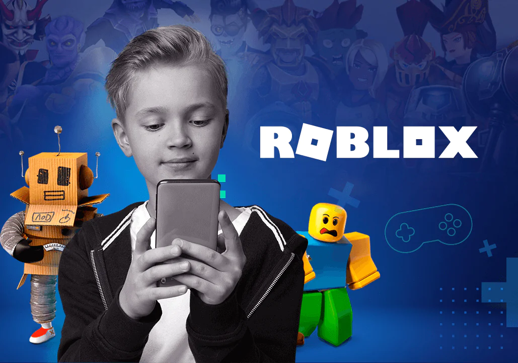 Criança com celular e personagens do Roblox