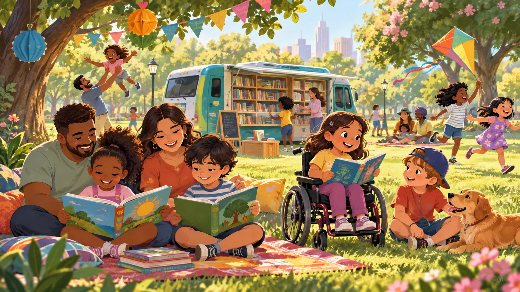 Ilustração do tema Dia das Crianças em Campos, com famílias fictícias e ônibus biblioteca; não é foto do evento
