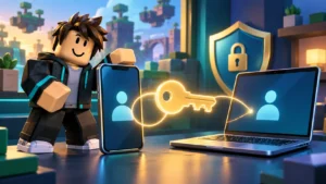 Ilustração sobre passkey no Roblox: avatar fictício, celular e computador ligados por uma chave luminosa