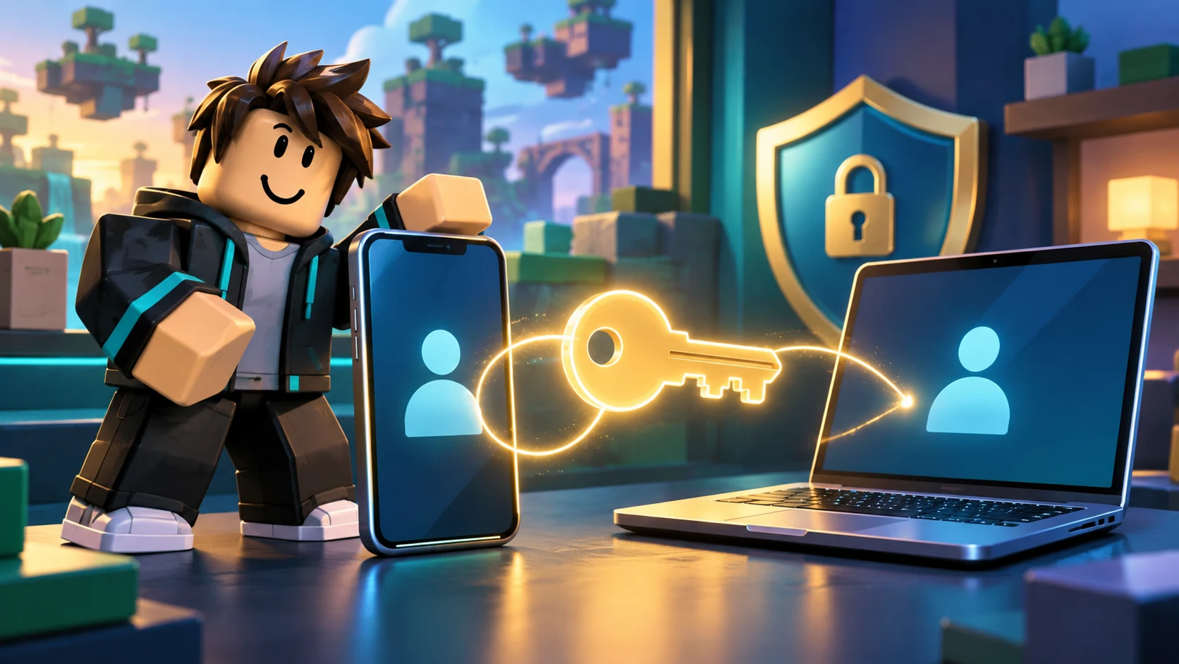 Ilustração sobre passkey no Roblox: avatar fictício, celular e computador ligados por uma chave luminosa