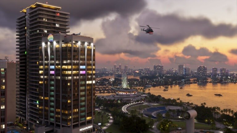 Vice City ao entardecer, com prédios e helicóptero, em captura oficial de GTA VI