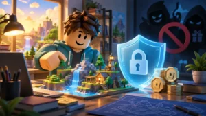 Ilustração de um avatar criando um jogo ao lado de um escudo de proteção.