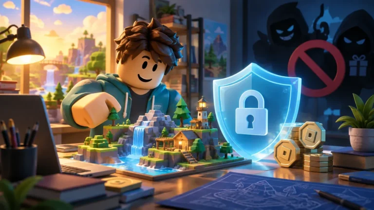 Ilustração de um avatar criando um jogo ao lado de um escudo de proteção.